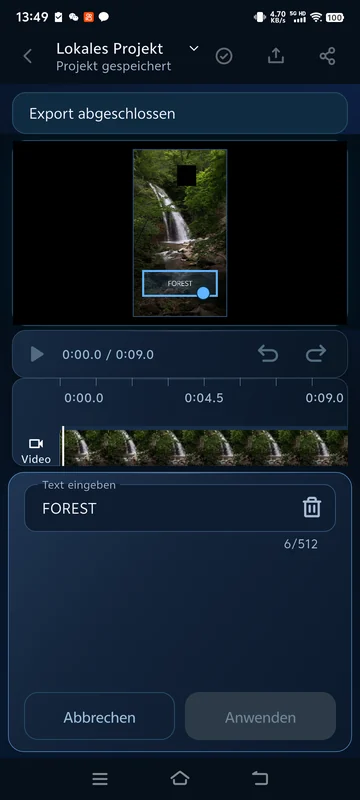 Gespeicherten Text erneut geöffnet: FOREST wurde manuell eingegeben und bleibt statisch.