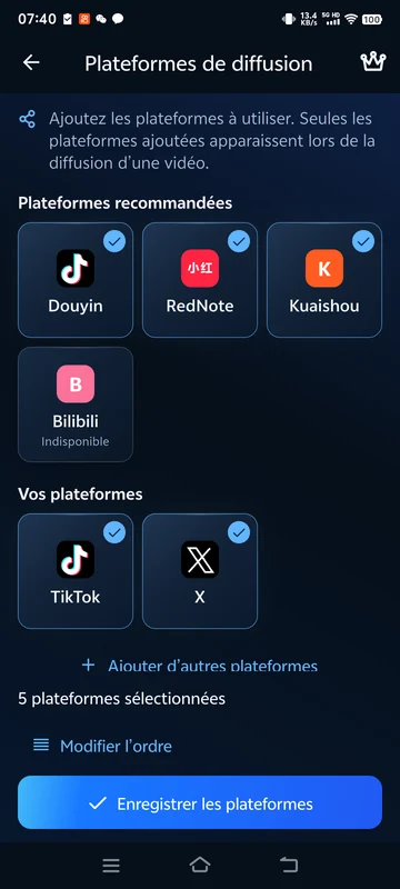 Configurer les destinations de partage