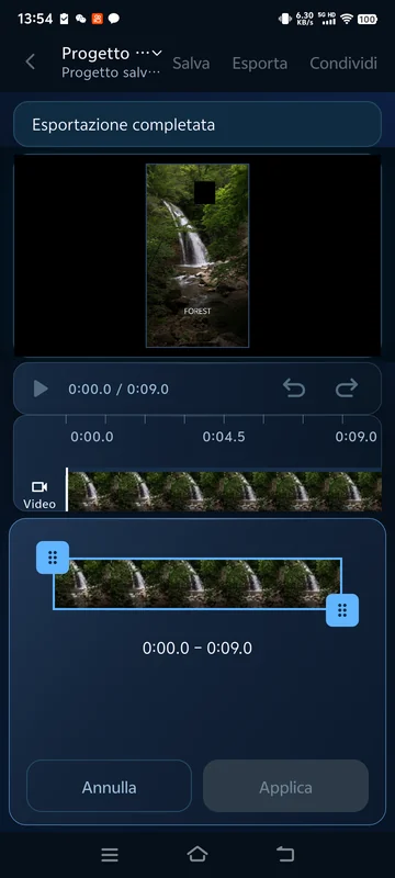 Clip salvata di 9 secondi riaperta; il pannello di taglio mostra la sequenza attuale da 0:00 a 0:09.