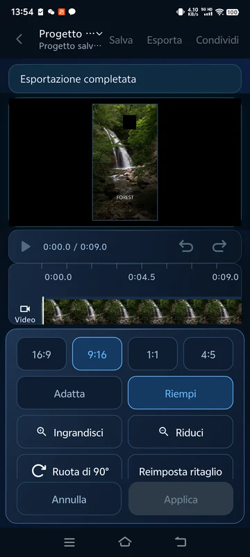 Inquadratura 9:16 salvata riaperta, con dimensioni di visualizzazione di 1080 × 1920.