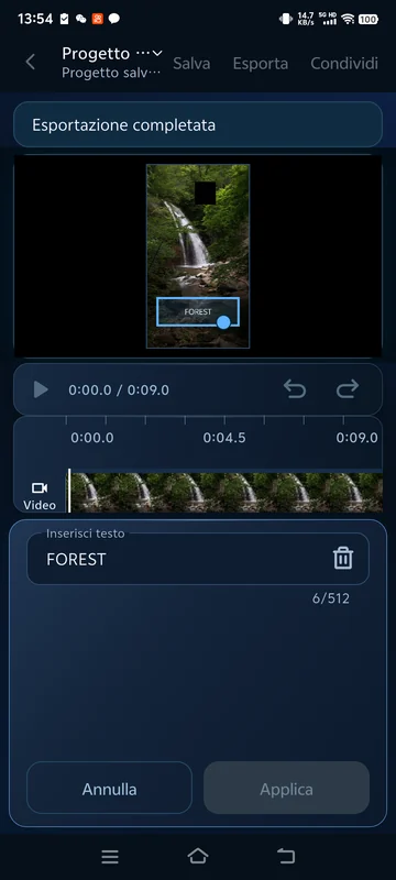 Testo salvato riaperto: FOREST è stato digitato manualmente e rimane statico.