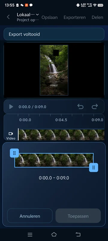Opgeslagen clip van 9 seconden opnieuw geopend; het knippaneel toont de huidige tijdlijn van 0:00 tot 0:09.