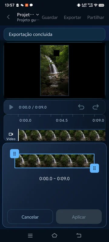 Clipe guardado de 9 segundos reaberto; o painel de corte mostra a linha temporal atual de 0:00 a 0:09.